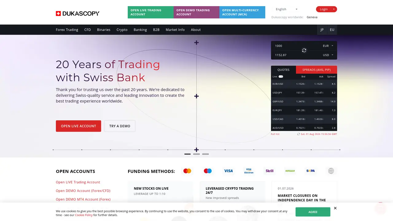 Dukascopy Bank official website screenshot