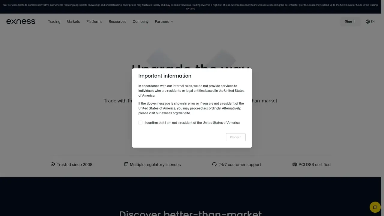 Exness official website screenshot