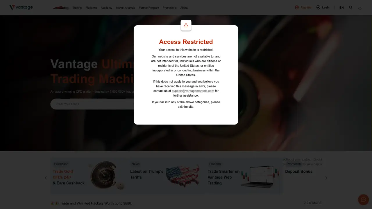 Vantage Markets official website screenshot